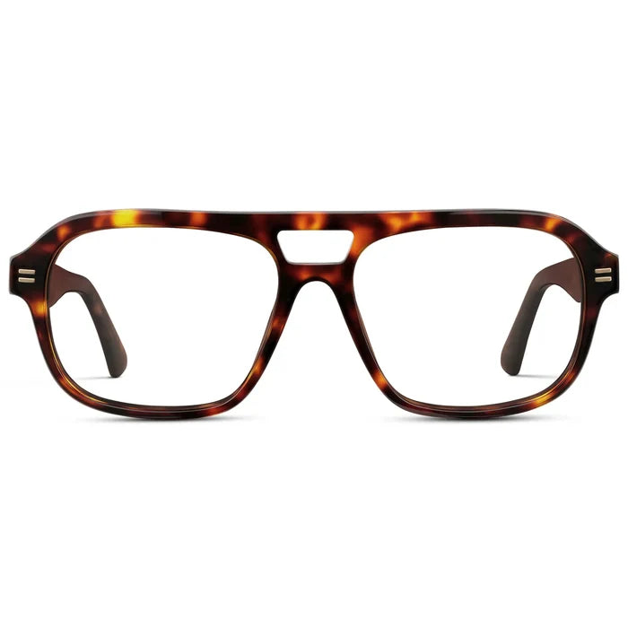 Ruby Tortoise || Women's Double Bridge Oversized Aviator Eyeglasses with Ruby Tortoise Acetate Frame and Clear Prescription Lens on a white background