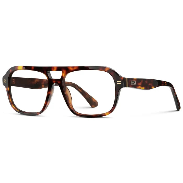 Ruby Tortoise || Side view of Women's Double Bridge Oversized Aviator Eyeglasses with Ruby Tortoise Acetate Frame and Clear Prescription Lens on a white background