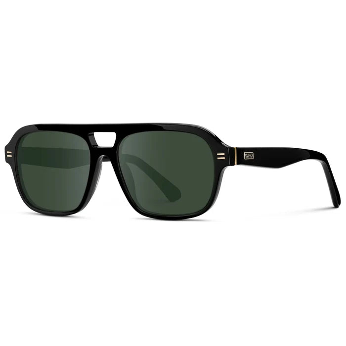 Black / G15 || Side view of Women's Double Bridge Oversized Aviator Prescription Sunglasses with Black Acetate Frame and Green Lens on a white background