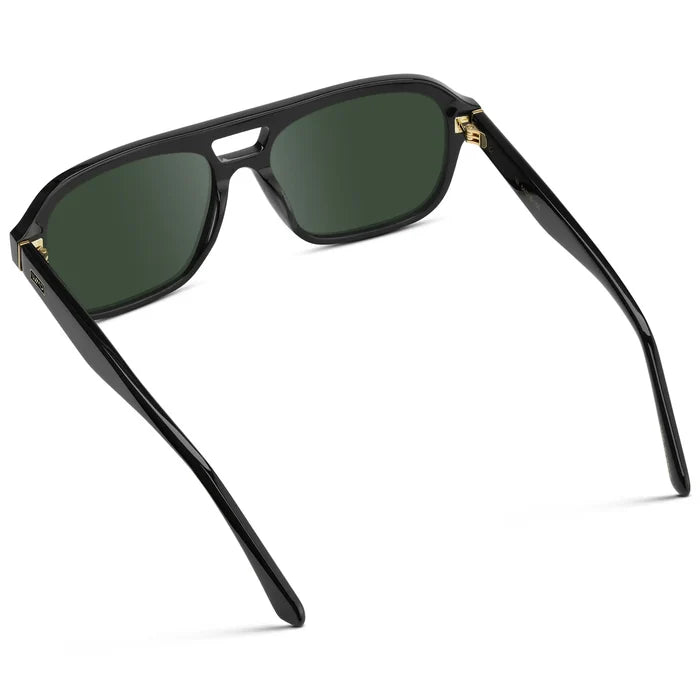 Black / G15 || Back view of Women's Double Bridge Oversized Aviator Prescription Sunglasses with Black Acetate Frame and Green Lens on a white background