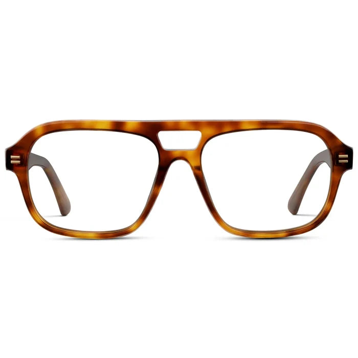 Saddlewood Tortoise || Women's Double Bridge Oversized Aviator Eyeglasses with Saddlewood Tortoise Acetate Frame and Clear Prescription Lens on a white background