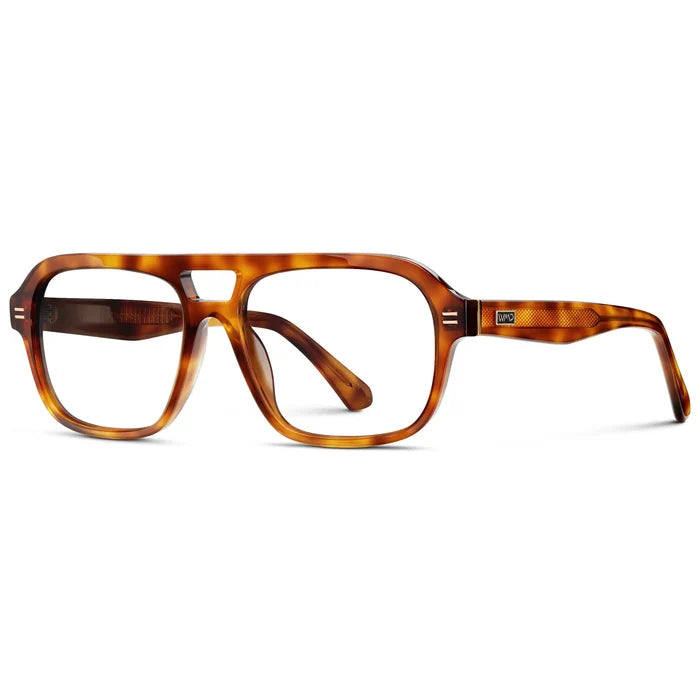 Saddlewood Tortoise || Side view of Women's Double Bridge Oversized Aviator Eyeglasses with Saddlewood Tortoise Acetate Frame and Clear Prescription Lens on a white background