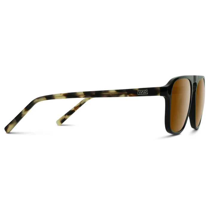 Black Beige Tort / Amber || Temple view of Black Single Bridge Aviator Sunglasses with Brown Prescription Lenses on a white background