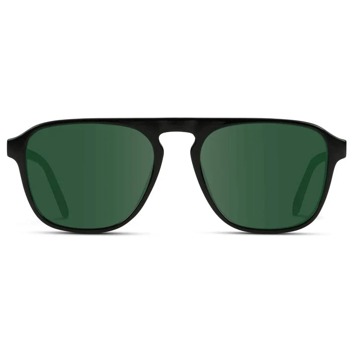 Black Beige Tort / G15 || Black Single Bridge Aviator Sunglasses with Green Prescription Lenses on a white background