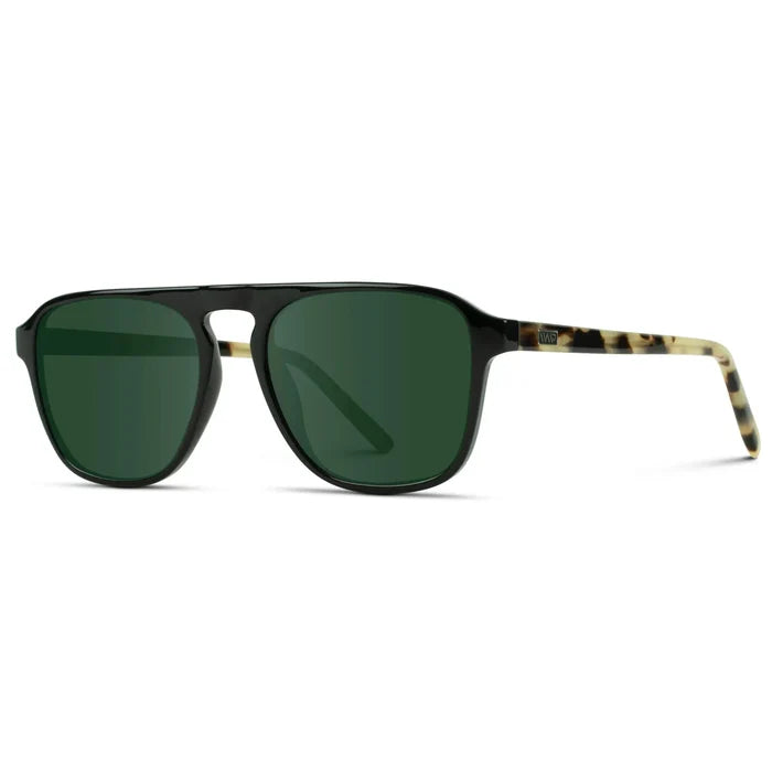 Black Beige Tort / G15 || Side view of Black Single Bridge Aviator Sunglasses with Green Prescription Lenses on a white background