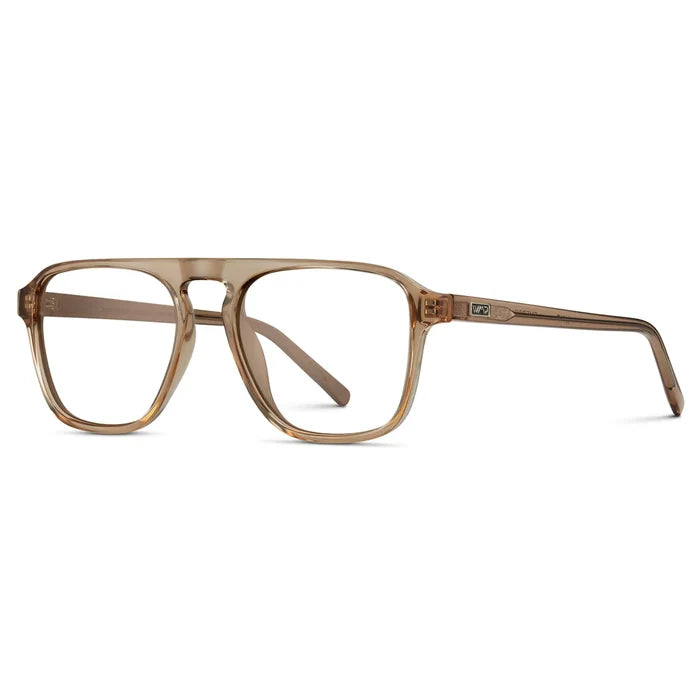 Light Crystal Brown || Side view of Men's Aviator Prescription Glasses with Light Crystal Brown Frame and Clear Lenses on a white background