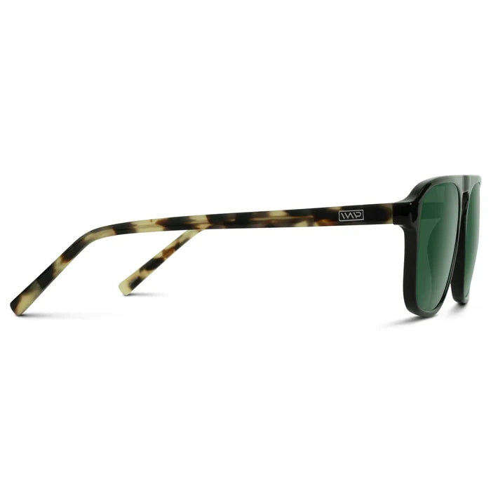 Black Beige Tort / G15 || Temple view of Black Single Bridge Aviator Sunglasses with Green Prescription Lenses on a white background