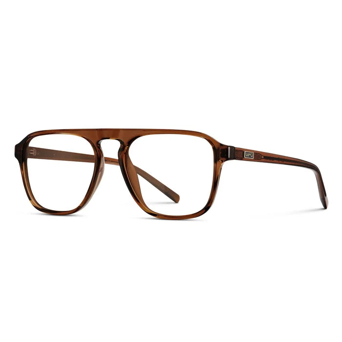 Terracotta Brown || Side view of Men's Aviator Prescription Glasses with Terracotta Brown Frame and Clear Lenses on a white background