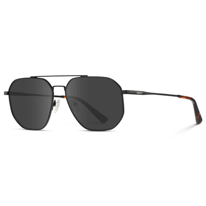 Black Carbon / Grey || Side view of Men's Double Bridge Aviator Prescription Sunglasses with Black Carbon Frame and Grey Lenses on a white background