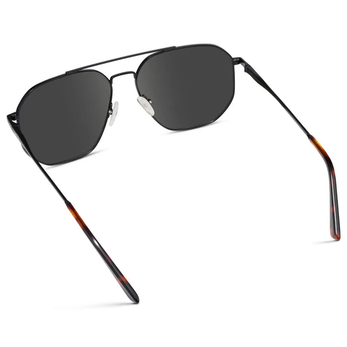 Black Carbon / Grey || Back view of Men's Double Bridge Aviator Prescription Sunglasses with Black Carbon Frame and Grey Lenses on a white background