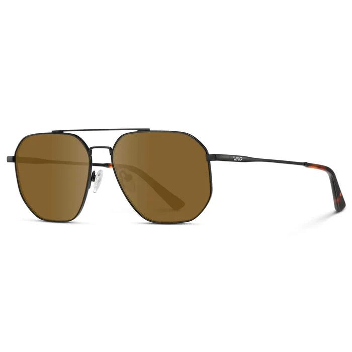 Black Carbon / Amber || Side view of Men's Double Bridge Aviator Prescription Sunglasses with Black Carbon Frame and Amber Lenses on a white background