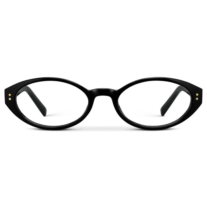 Black || Women's Elongated Oval Prescription Eyeglasses with Black Frame and Clear Lens on a white background