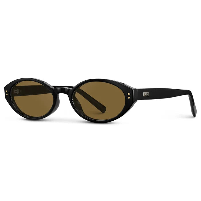 Black / Amber || Side view of Women's Elongated Oval Prescription Sunglasses with Black Frame and Brown Lens on a white background