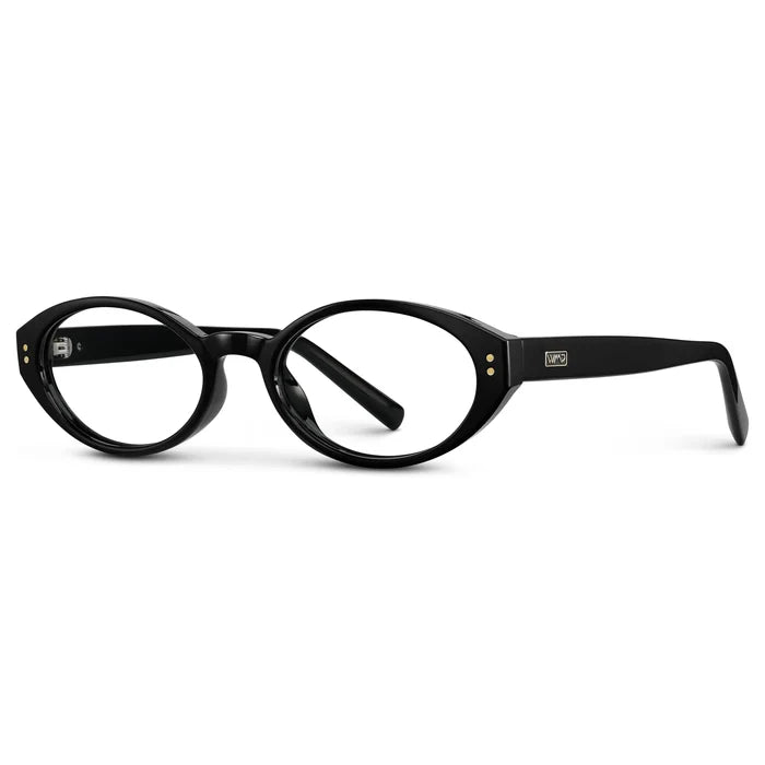 Black || Side view of Women's Elongated Oval Prescription Eyeglasses with Black Frame and Clear Lens on a white background