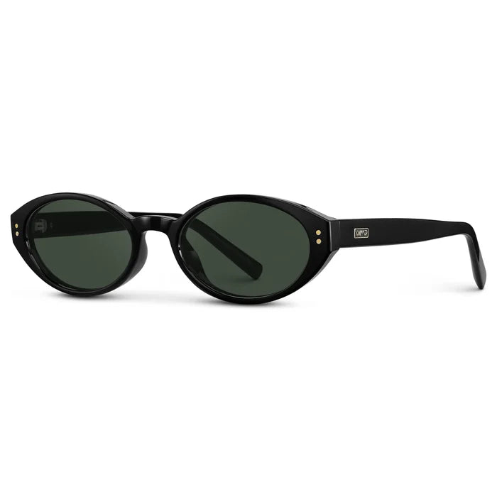 Black / G15 || Side view of Women's Elongated Oval Prescription Sunglasses with Black Frame and Green Lens on a white background