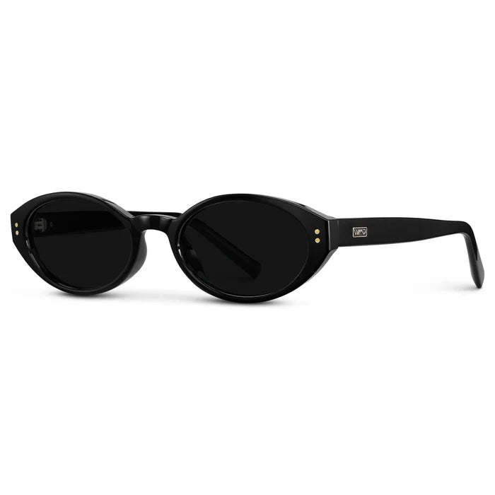 Black / Triple Black Lens || Side view of Women's Elongated Oval Sunglasses with Black Frame and Black Lens on a white background