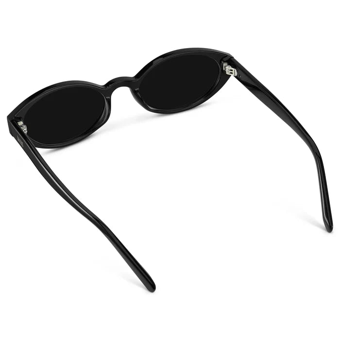 Black / Triple Black Lens || Back view of Women's Elongated Oval Sunglasses with Black Frame and Black Lens on a white background