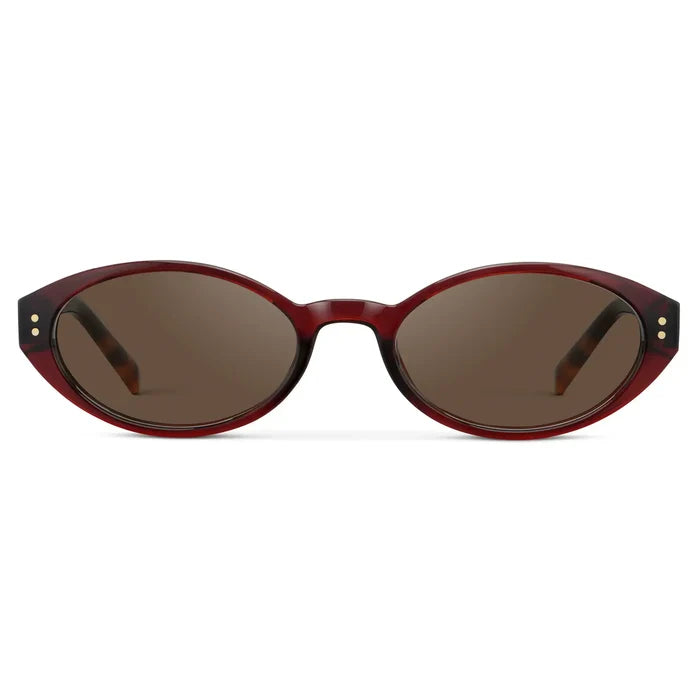 Red Garnet / Brown Lens || Women's Elongated Oval Sunglasses with Red Garnet Frame and Brown Lens on a white background