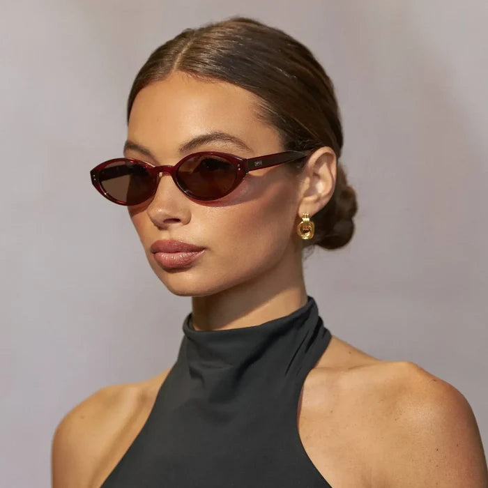 Red Garnet / Brown Lens || Women's Elongated Oval Sunglasses with Red Garnet Frame and Brown Lens