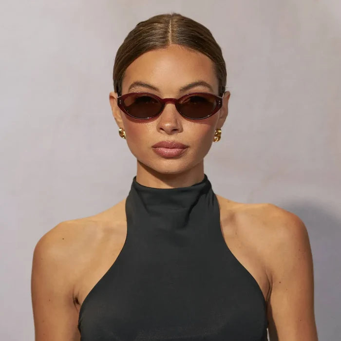 Red Garnet / Brown Lens || Women's Elongated Oval Sunglasses with Red Garnet Frame and Brown Lens