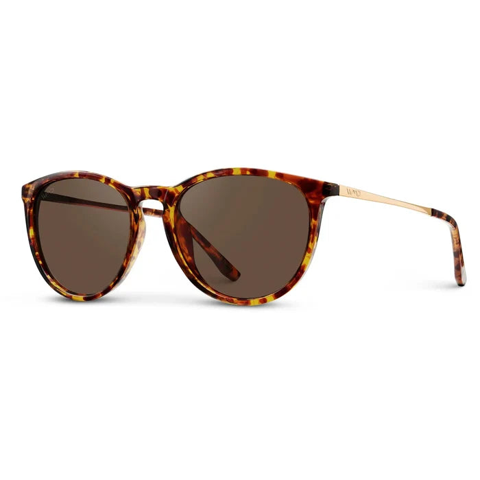 Brown Case || Round sunglasses with tortoiseshell frame and brown lenses on white background