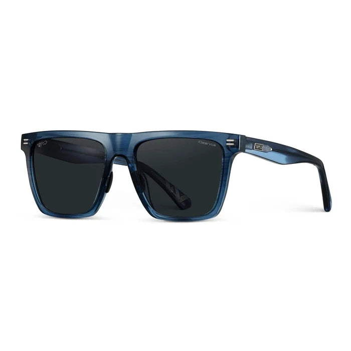 The Fairway Kit || Ace sunglasses with a blue acetate frame and black lenses shown from a side angle.