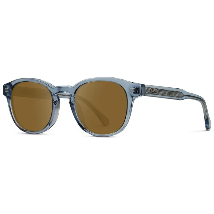 Denim Blue / Amber || Side view of Men's Retro-Inspired Round Prescription Sunglasses with Blue Acetate Frame and Brown Prescription Lenses