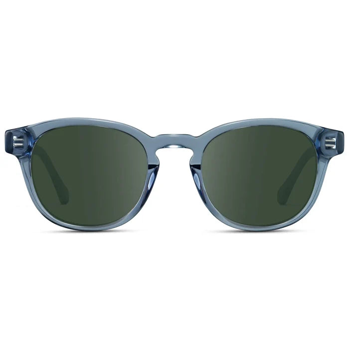 Denim Blue / G15 || Front view of Men's Retro-Inspired Round Prescription Sunglasses with Blue Acetate Frame and Green Prescription Lenses