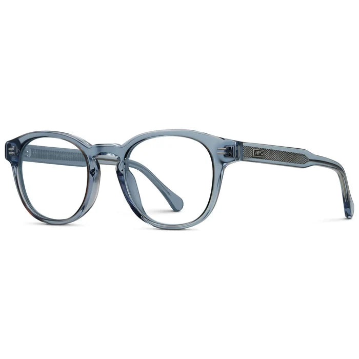Denim Blue || Side view of Men's Retro-Inspired Round Prescription Eyeglasses with Denim Blue Acetate Frame and Clear Lenses on a white background