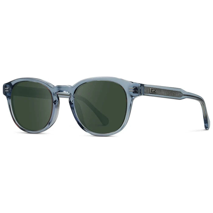 Denim Blue / G15 || Side view of Men's Retro-Inspired Round Prescription Sunglasses with Blue Acetate Frame and Green Prescription Lenses
