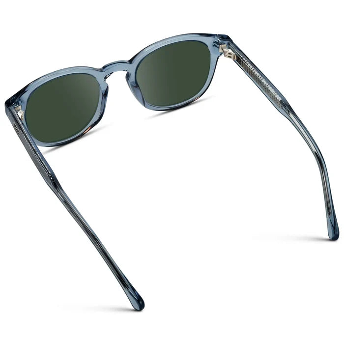 Denim Blue / G15 || Back view of Men's Retro-Inspired Round Prescription Sunglasses with Blue Acetate Frame and Green Prescription Lenses