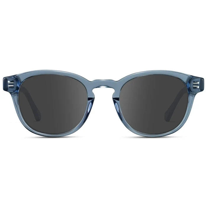 Denim Blue / Grey || Front view of Men's Retro-Inspired Round Prescription Sunglasses with Blue Acetate Frame and Grey Prescription Lenses