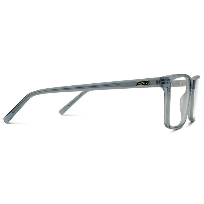 Denim Blue || Temple view of Blue Rectangle Frame Blue Light Blocking Glasses for Computer Use on a white background