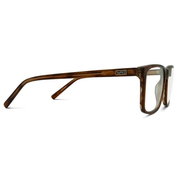 Crystal Marble Chestnut Brown || Temple view of Men's Rectangular Prescription Glasses with Marble Chestnut Brown Frames with Clear Lenses on a white background