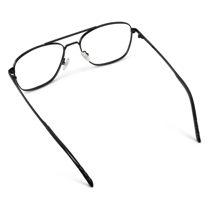 Black || Back view of Men's Stainless Steel Double Bridge Prescription Glasses with Black Frame and Clear Lens on a white background