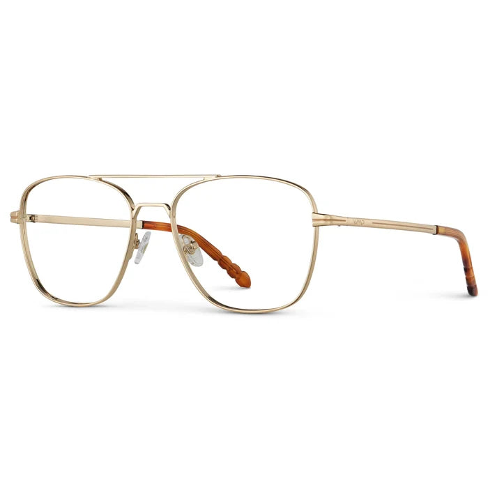 Gold || Side view of Men's Stainless Steel Double Bridge Prescription Glasses with Gold Frame and Clear Lens on a white background