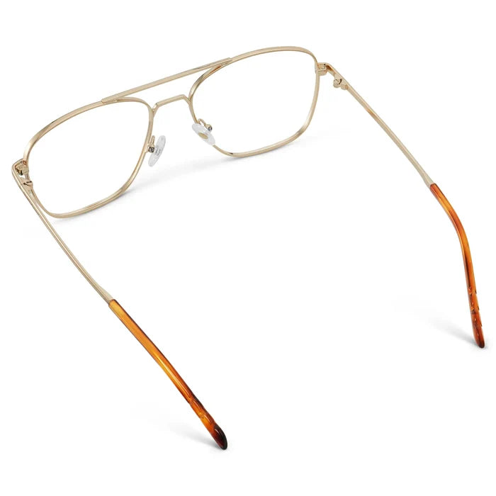 Gold || Back view of Men's Stainless Steel Double Bridge Prescription Glasses with Gold Frame and Clear Lens on a white background