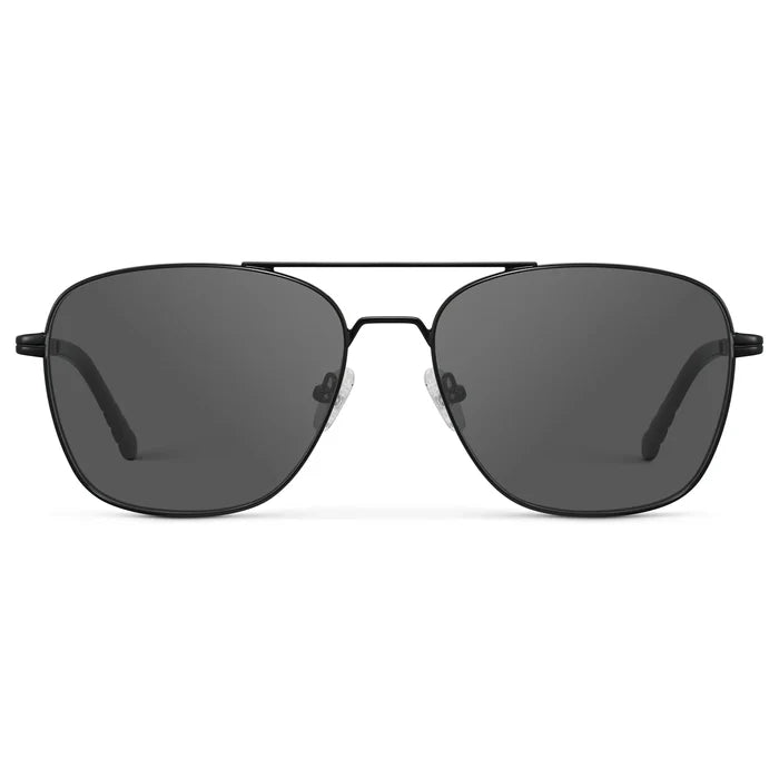 Black / Grey || Men's Stainless Steel Double Bridge Prescription Sunglasses with Black Frame and Grey Lens on a white background