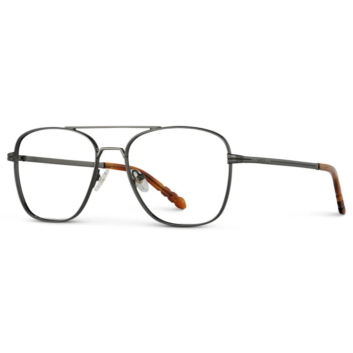 Gunmetal || Side view of Men's Stainless Steel Double Bridge Prescription Glasses with Gunmetal Frame and Clear Lens on a white background
