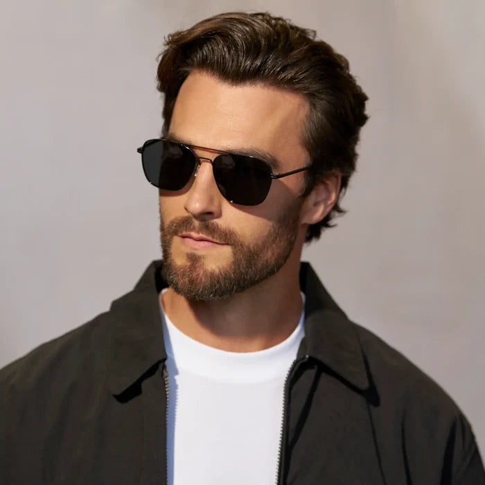 Black / Triple Black Lens || Model wearing Men's Stainless Steel Sunglasses with Black Frame and Black Lens
