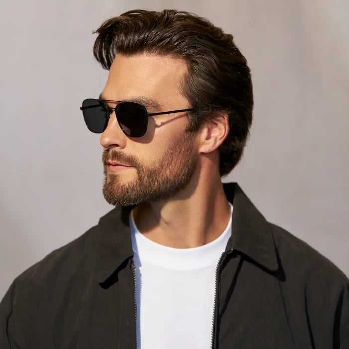 Black / Triple Black Lens || Model wearing Men's Stainless Steel Sunglasses with Black Frame and Black Lens