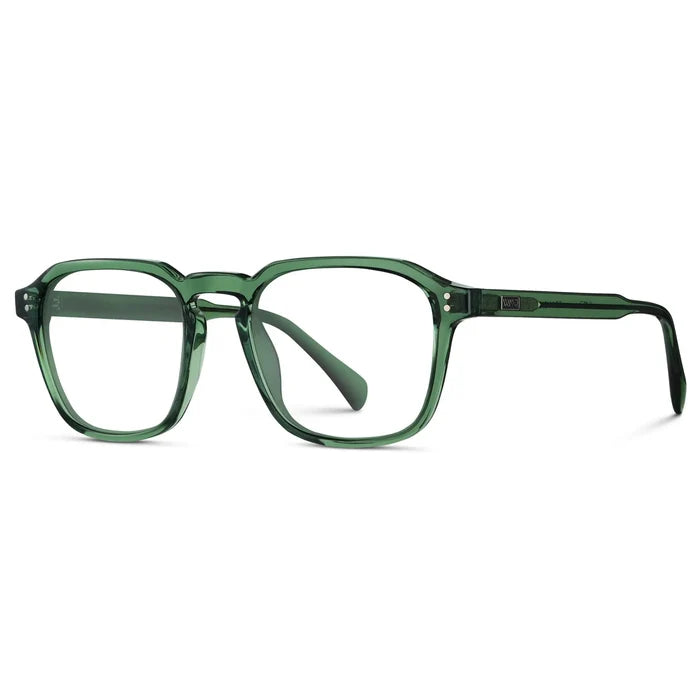 Emerald Green || Side view of Men's Square Prescription Sunglasses with Emerald Green Frame and Clear Lenses on a white background