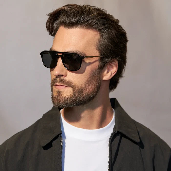 Black / Triple Black Lens || Model wearing Men's Double Bridge Aviator Sunglasses with Black Frame and Triple Black Lens