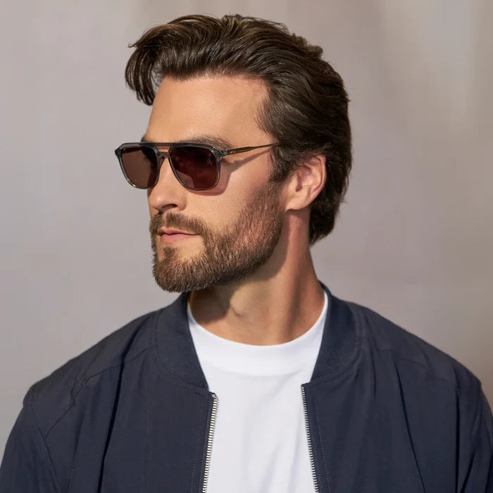 Stone Blue / Brown Lens || Model wearing Men's Double Bridge Aviator Sunglasses with Stone Blue Frame and Brown Lens