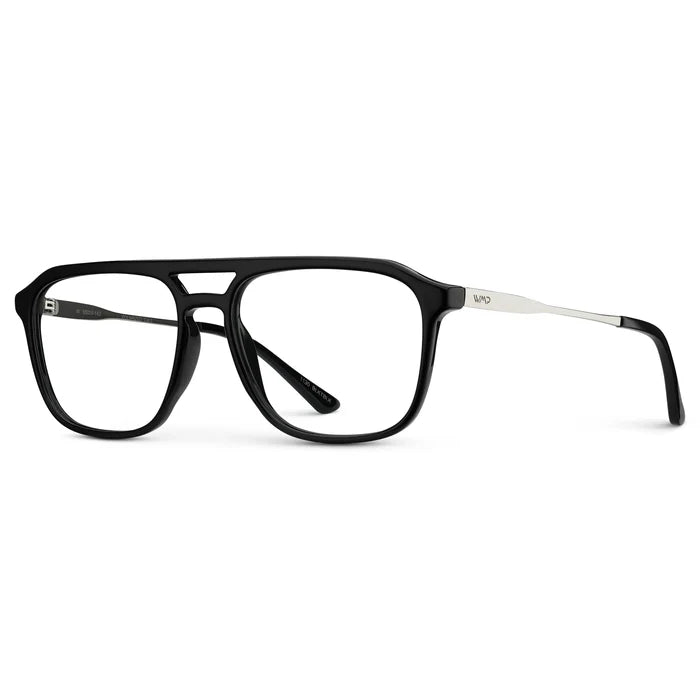 Black || Side view of Men's Double Bridge Aviator Prescription Glasses with Black Frame and Clear Lens on a white background