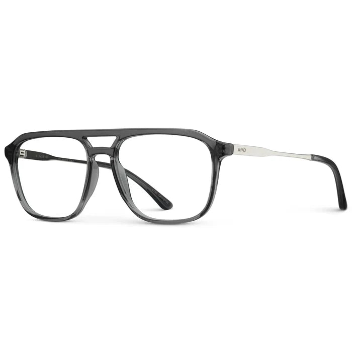 Smoke Grey || Side view of Men's Double Bridge Aviator Prescription Glasses with Smoke Grey Frame and Clear Lens on a white background