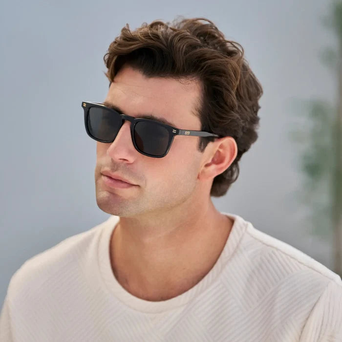 Black / Triple Black Lens || Model wearing Men's Rectangular Polarized Sunglasses with Black Frame and Black Lenses
