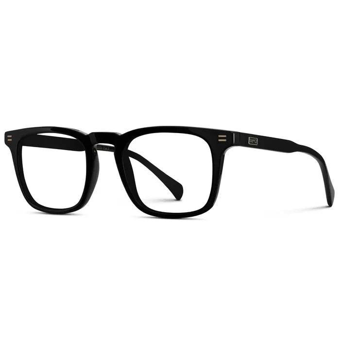 Black || Side view of Men's Rectangular Prescription Glasses with Black Frame and Clear Lenses on a white background