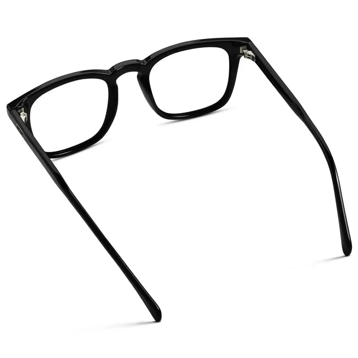 Black || Back view of Men's Rectangular Prescription Glasses with Black Frame and Clear Lenses on a white background