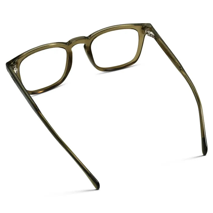 Khaki Green || Back view of Men's Rectangular Prescription Glasses with Khaki Green Frame and Clear Lenses on a white background